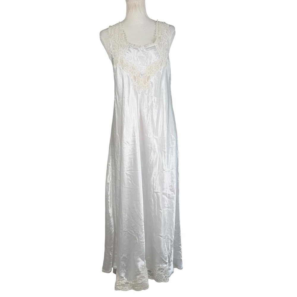 White Satin Nightgown Womens M Lace Trim Vintage 90s Sleeveless Maxi Sleepwear